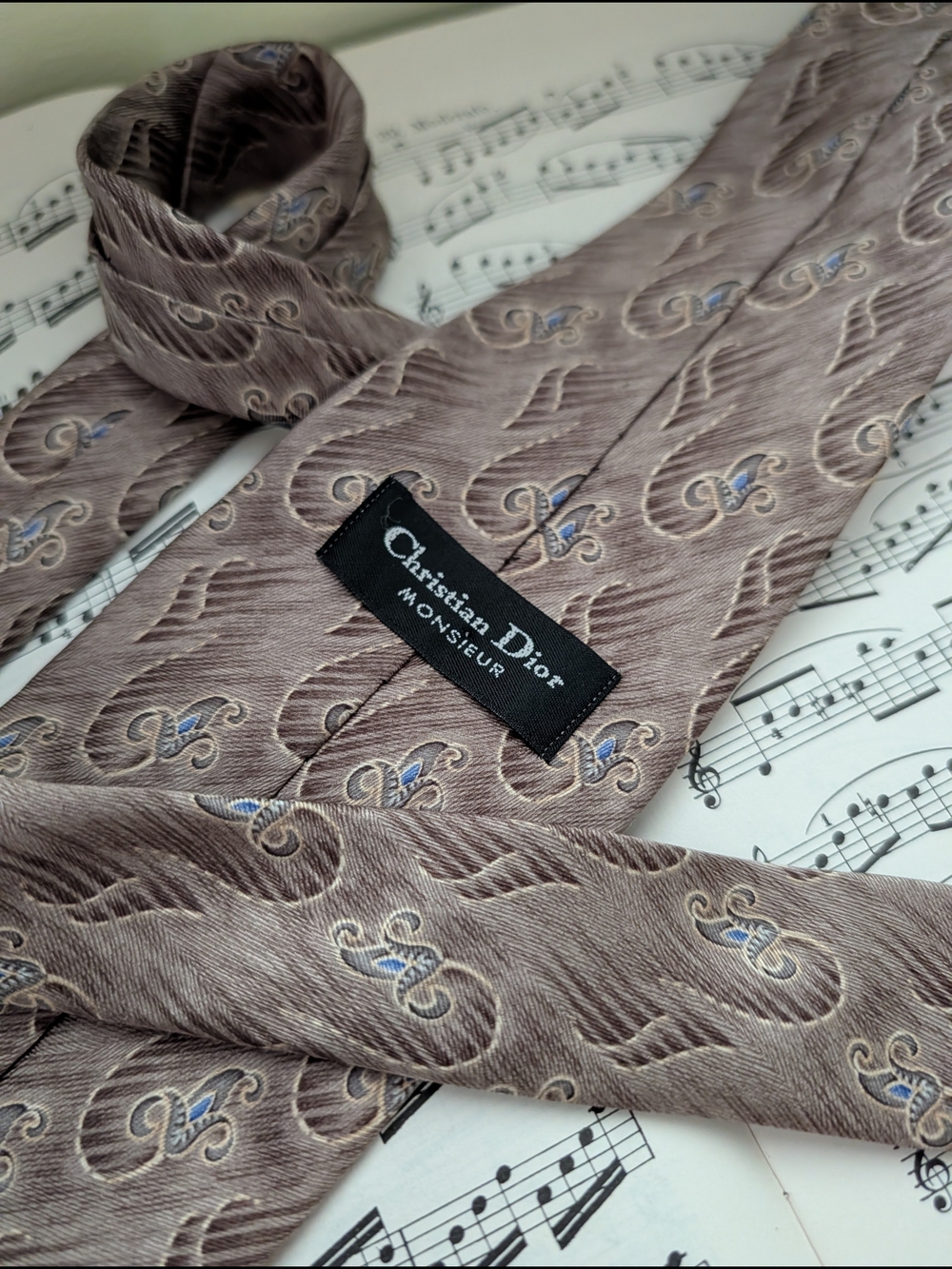 Vintage Christian Dior Men’s Taupe Silk Tie with Blue Motifs
